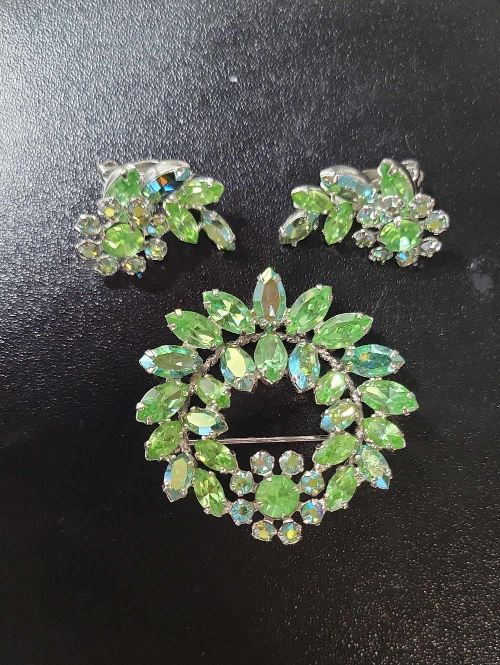 Vintage Sherman Green Crystal Wreath Brooch and Clip-On Earring Set
